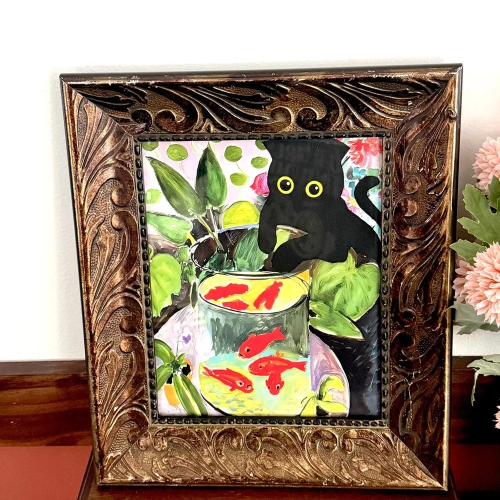 Fishbowl Black Cat Matisse Famous Painting Canvas Print Framed Fish Wall Art - Picture 2 of 12